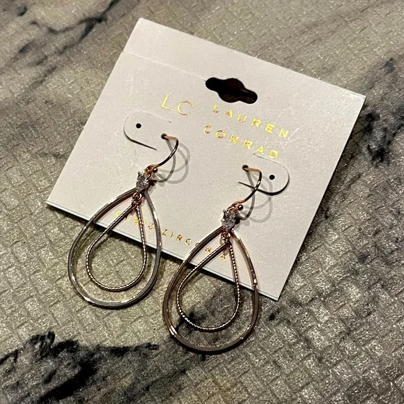 NWT | LC Lauren Conrad | Double Teardrop Earrings | Rose Gold & Cubic Zirconia - Picture 2 of 3